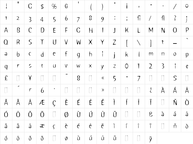 Pink LT Regular  glyph index