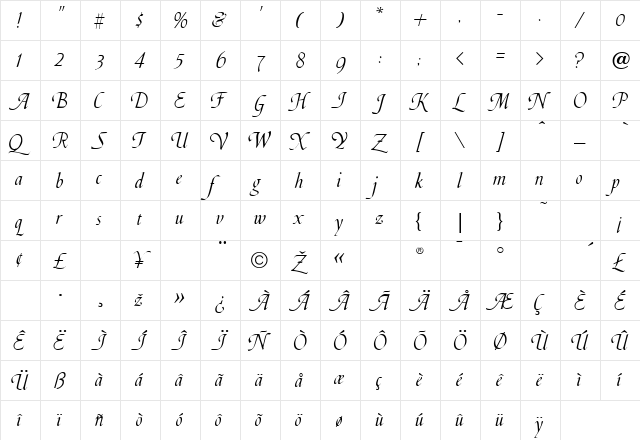 Silverwood Swash Regular  glyph index
