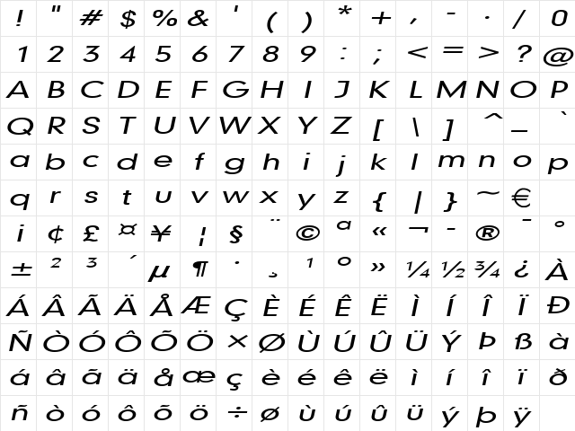 Geo579Extended Italic  glyph index