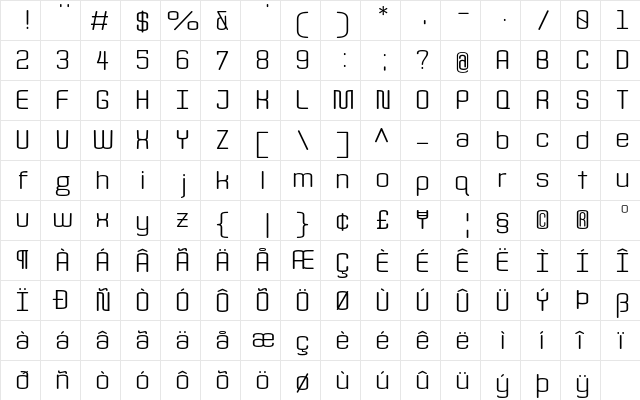 Quota Regular Ext.  glyph index