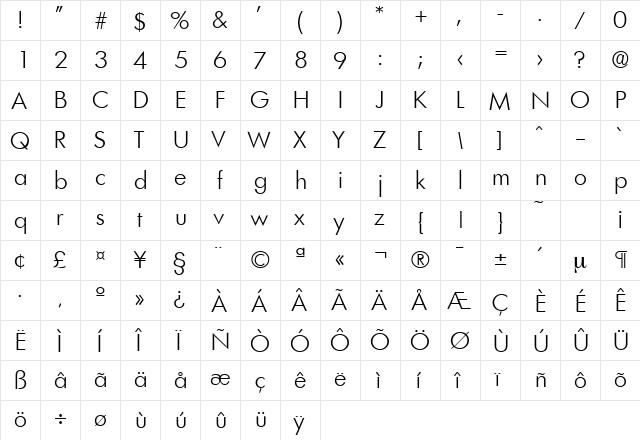 Limerick-Serial-Light Regular  glyph index