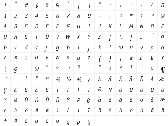 Conduit ITC Light Italic  glyph index