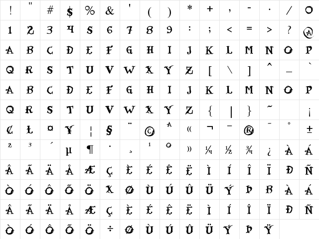 Tatoo Sailor Regular  glyph index