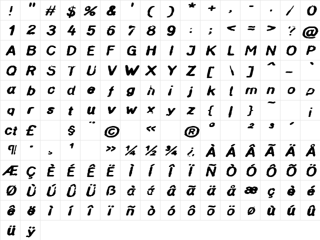 InkbleedExtended Oblique  glyph index