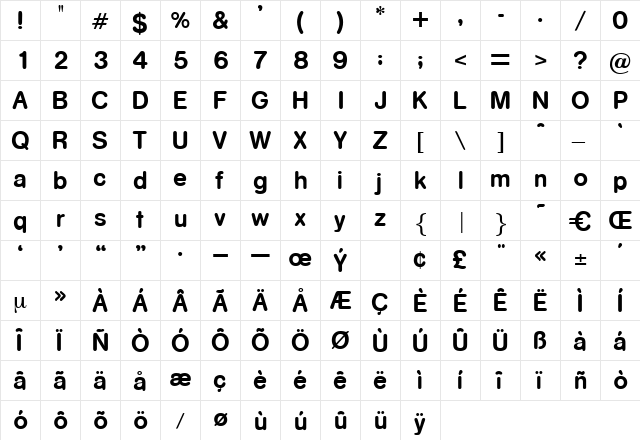 Tarantel Regular  glyph index