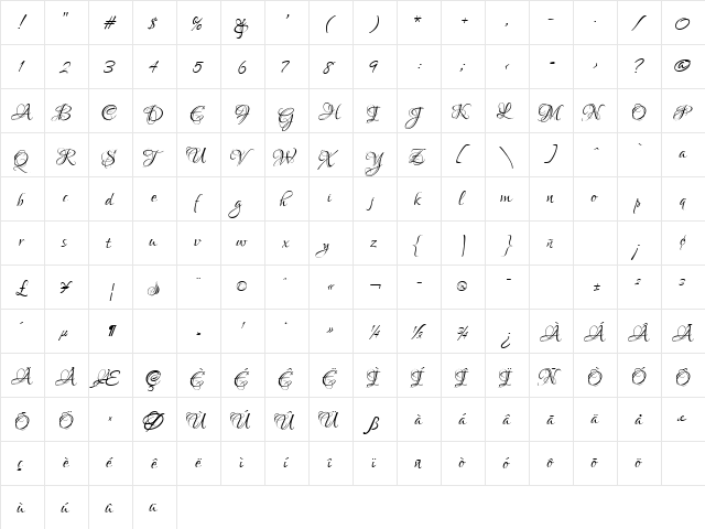 LoversQuarrelROB Regular  glyph index