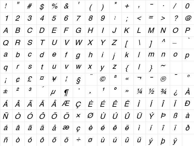XB Zar Italic  glyph index
