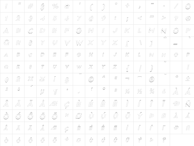 FreeportOutline Oblique  glyph index