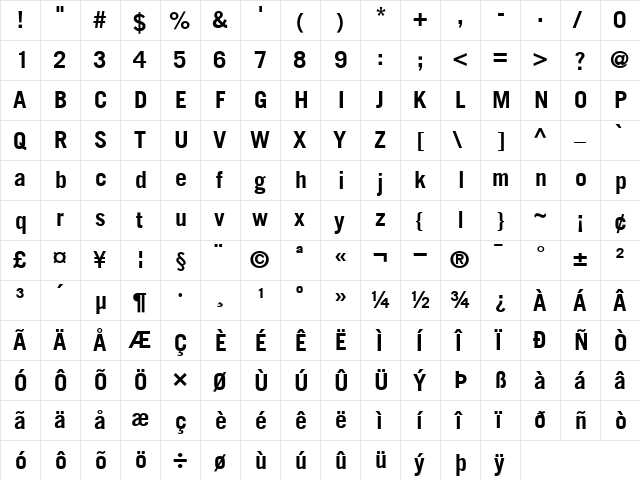 TradeGothic Bold  glyph index