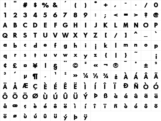 Future Bold  glyph index