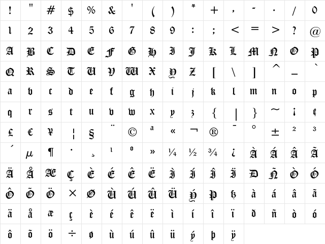 Cloister Black Regular  glyph index