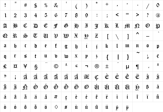 Canterbury Regular  glyph index