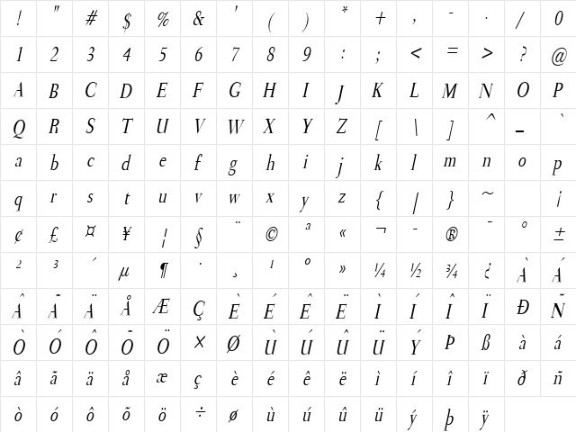 Transit Condensed Italic  glyph index