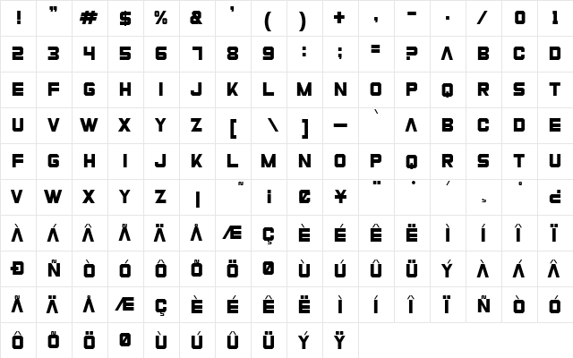 Zero Athletics Regular  glyph index