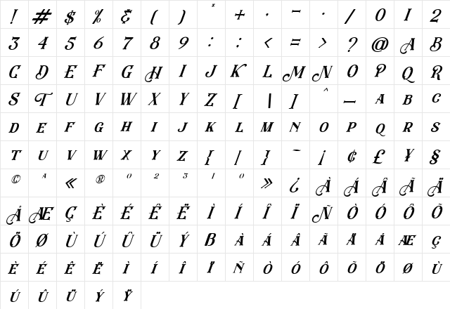 Eastwood Italic  glyph index