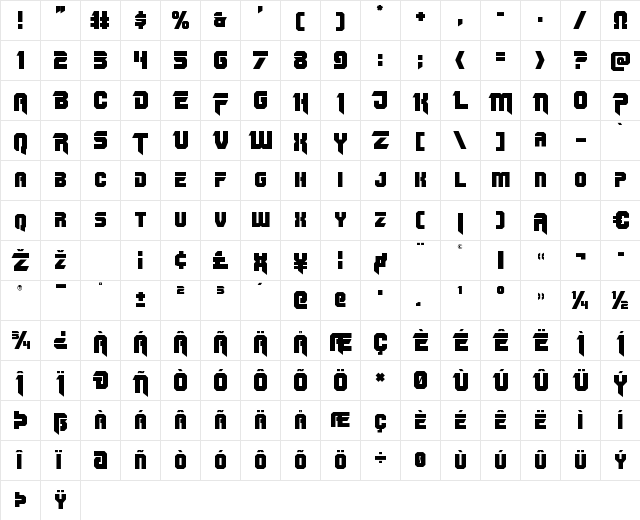 OmegaForce Regular  glyph index