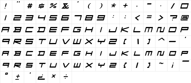 F-Zero GX Venue Font SemLtOb Italic  glyph index