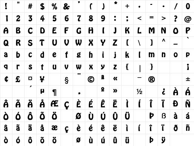 Bobo-BO Regular  glyph index