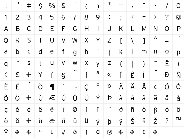 InterstateLight Regular  glyph index
