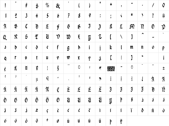 PenchantNarrow Regular  glyph index