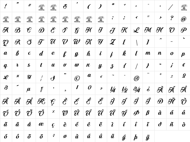 Quincho Script PERSONAL USE Regular  glyph index