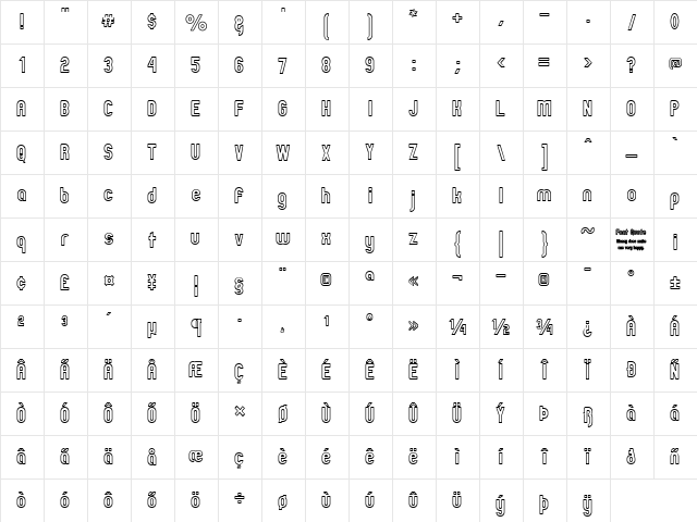 Zillah Modern Ouline Regular  glyph index