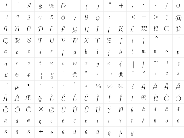 Bernhard Tango Regular  glyph index