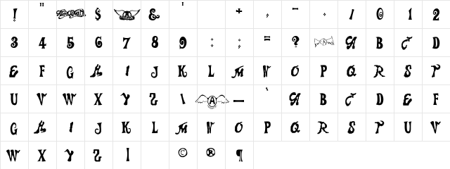 Aerosmith Regular  glyph index