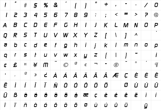 Digital Italic  glyph index