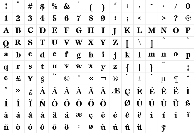 Esprit Bold  glyph index