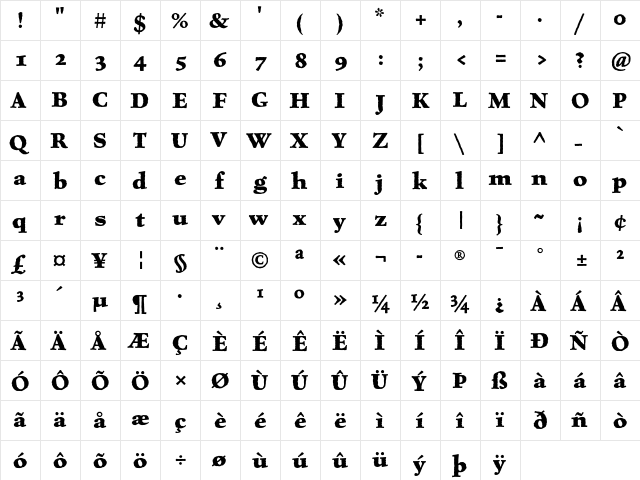 Celestia Antiqua Bold  glyph index