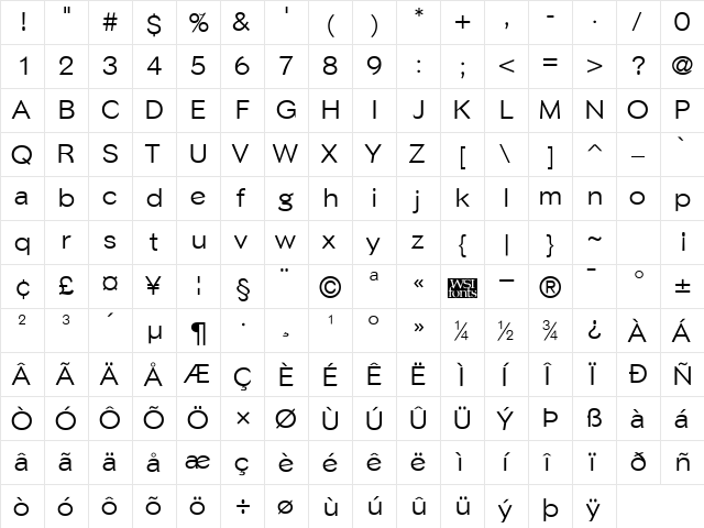 Phinster Regular  glyph index