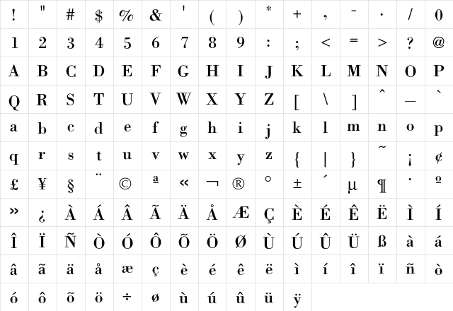 BodoniICG Regular  glyph index