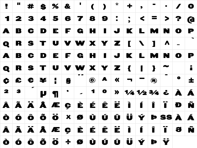 DenimBlack Regular  glyph index