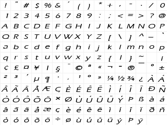Eric Extended Italic  glyph index