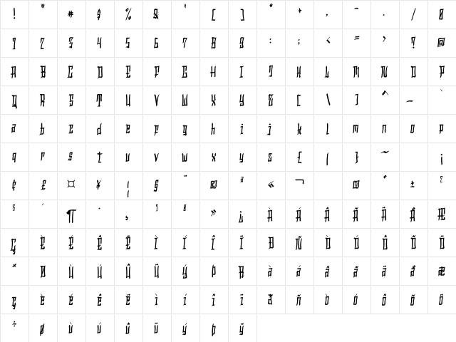Hollowtown Regular  glyph index