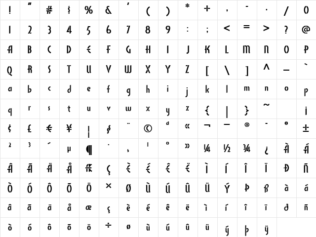 MatthewsModernStencilNF Medium  glyph index