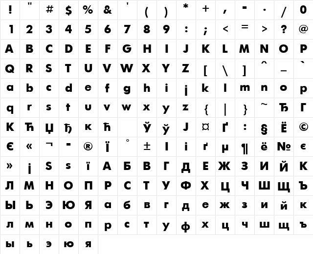 FuturisXCTT Regular  glyph index