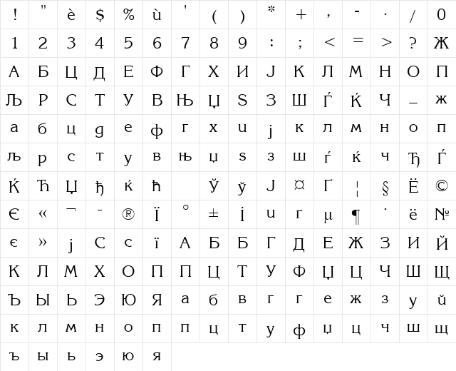 Macedonian Karina Regular  glyph index