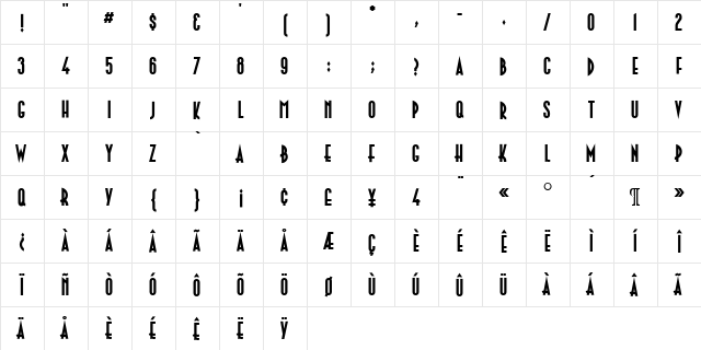 Paleface Regular  glyph index