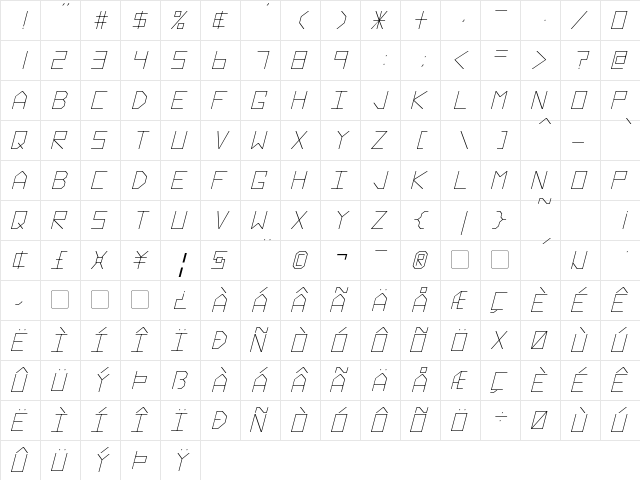Hyperspace Italic  glyph index