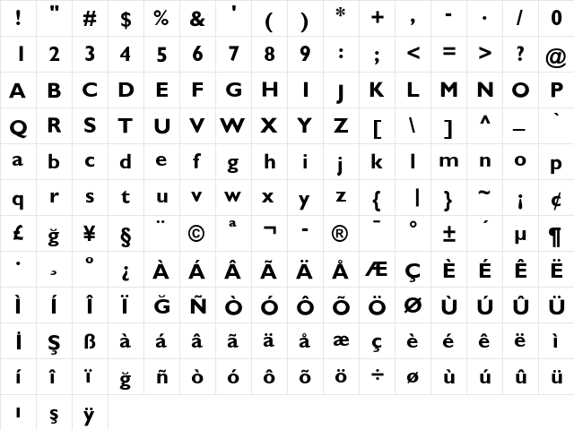 GillSansBold Regular  glyph index