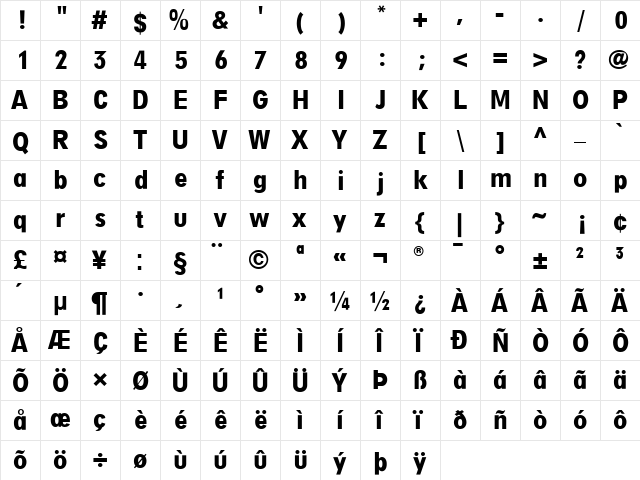 Digi Grotesk Bold Condensed Regular  glyph index