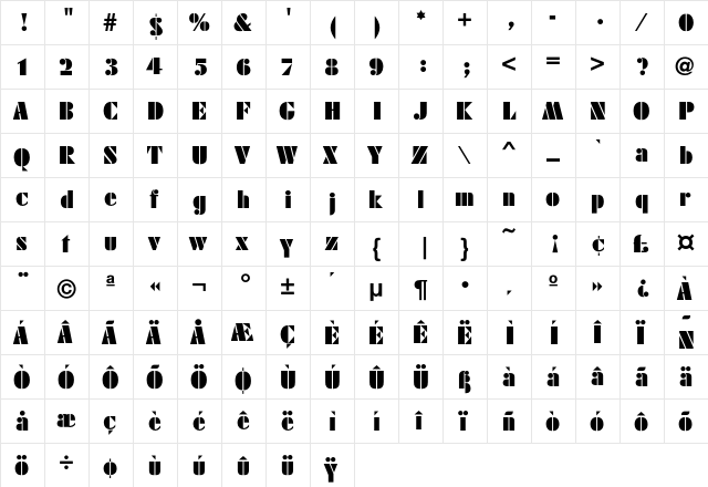 FBlack Regular  glyph index