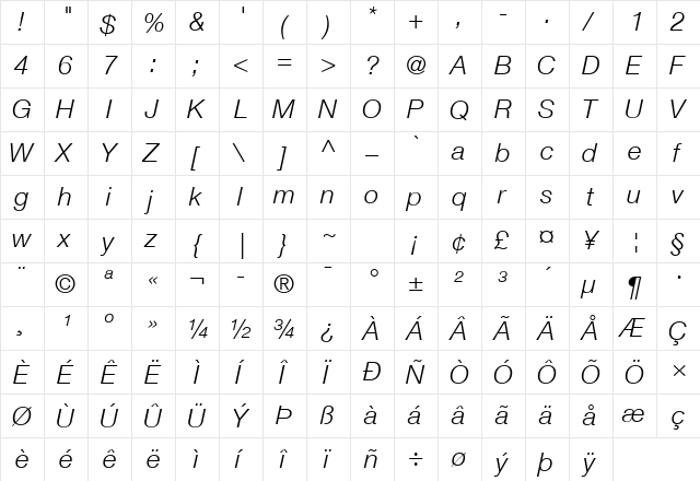 Helvetica Neue LT Com 46 Light Italic  glyph index