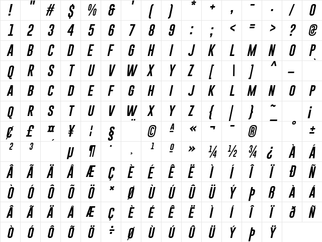 Gobold Italic  glyph index