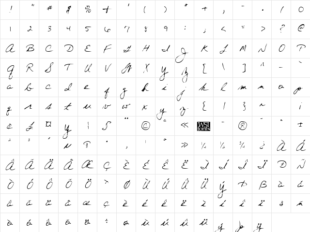 MerylsHand Regular  glyph index