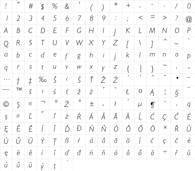 Gill Sans CE Light Italic  glyph index