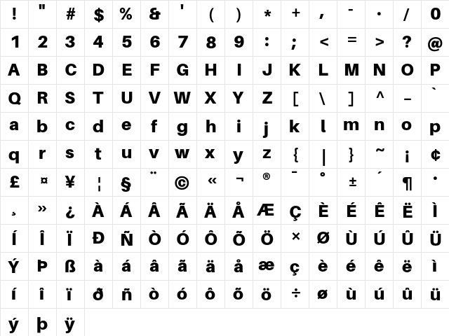 Aileron Black Regular  glyph index