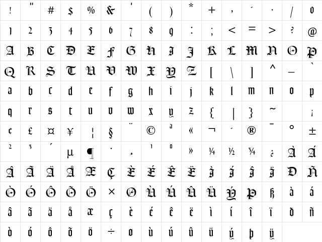 Goudy Text MT Std Regular  glyph index